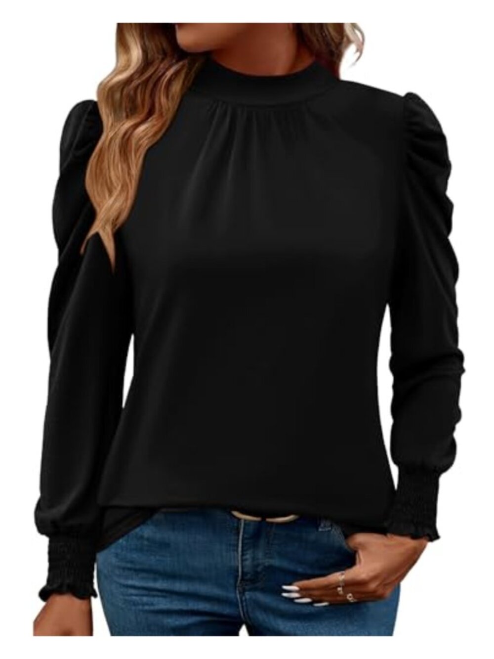 Womens Puff Long Sleeve Blouse Frill Mock Neck Smocked Cuffs Dressy Casual Top